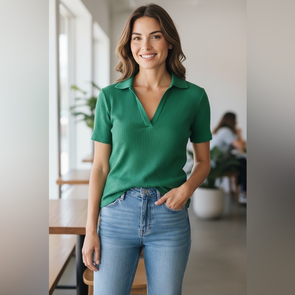 Jordan Ribbed Collared Top - Green